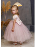 Feather Sleeve Blush Satin Tulle V Back Flower Girl Dress